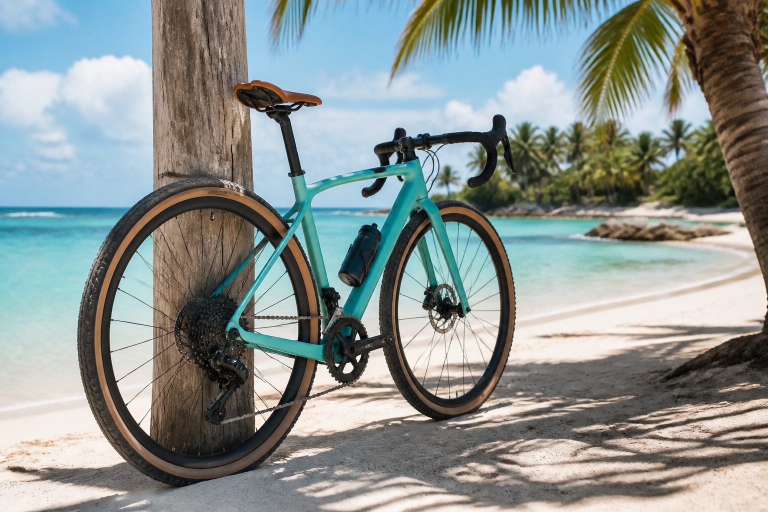 Vélo gravel sur plage caribéenne