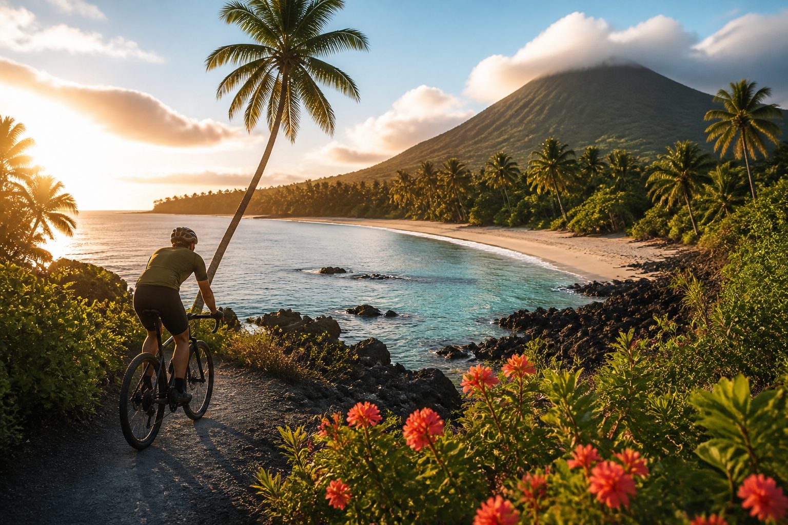 Cycliste en bord de mer aux Antilles