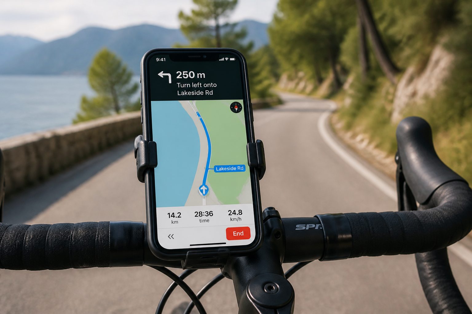 Smartphone avec application GPS vélo montée sur guidon en navigation