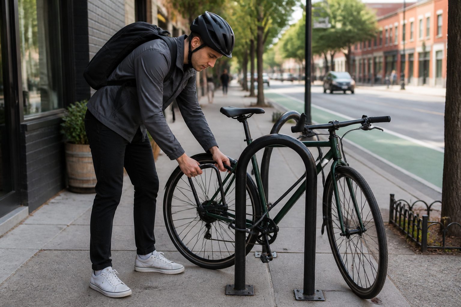 technique attacher vélo antivol en U cadre roue rack urbain