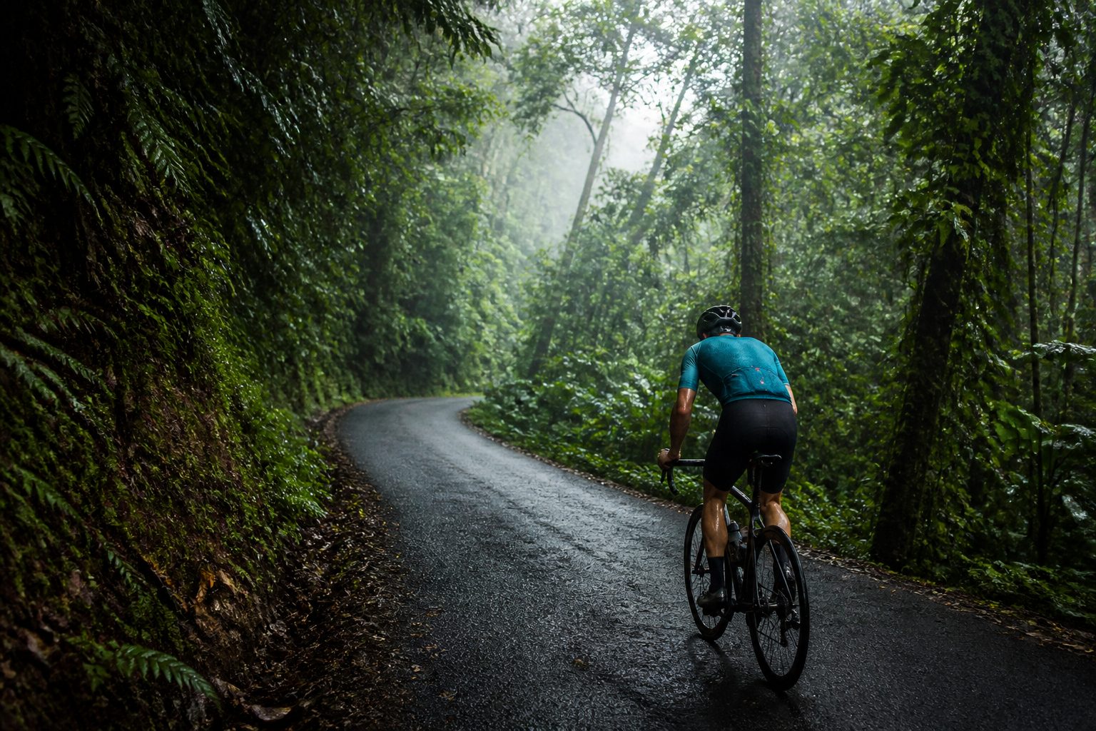 Cycliste en montée vers le col des Mamelles sur la Route de la Traversée, Basse-Terre Guadeloupe