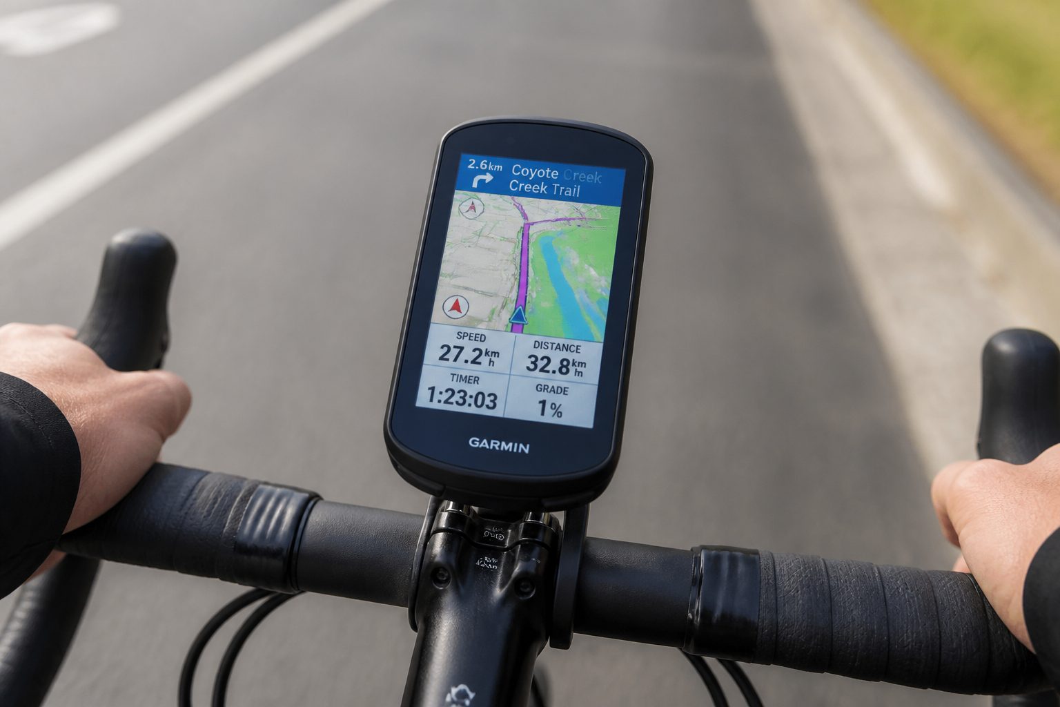 Compteur GPS dédié monté sur un vélo de route en pleine sortie