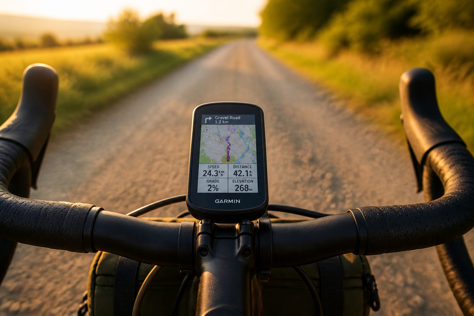 Compteur GPS Garmin fixé sur guidon de vélo gravel en route
