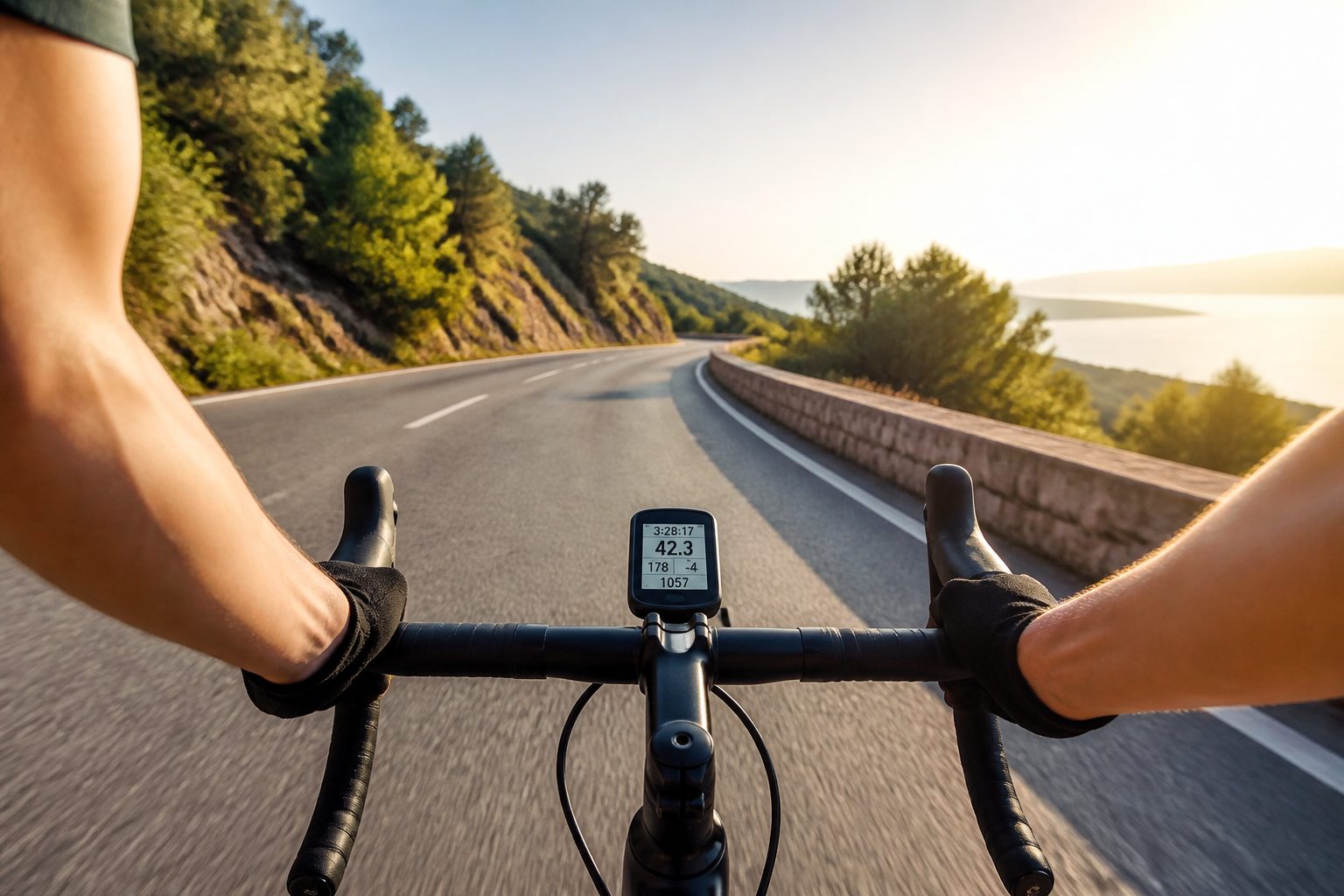 Compteur vélo GPS fixé sur le guidon, cycliste en route sur chemin de gravel