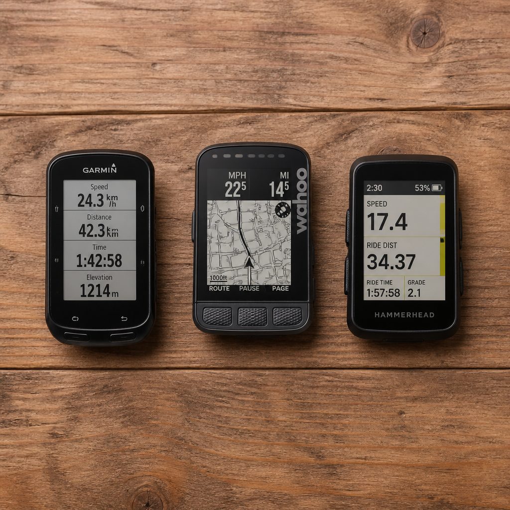 Compteurs GPS vélo de marques Garmin, Wahoo et Sigma côte à côte