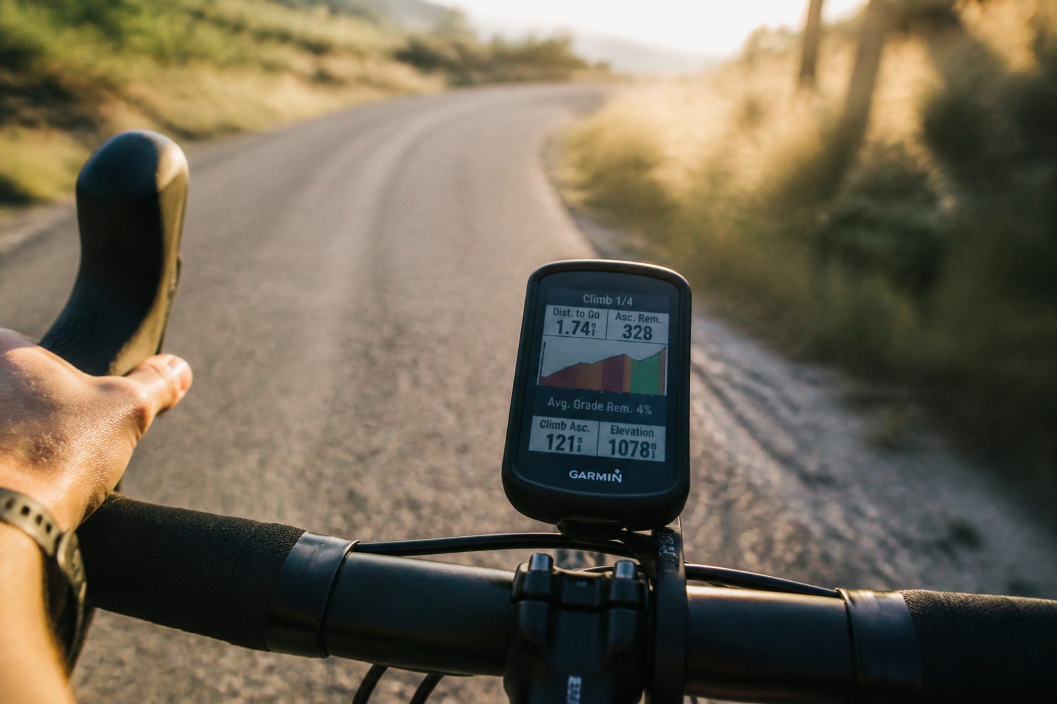 Compteur vélo GPS monté sur guidon de gravel en pleine sortie