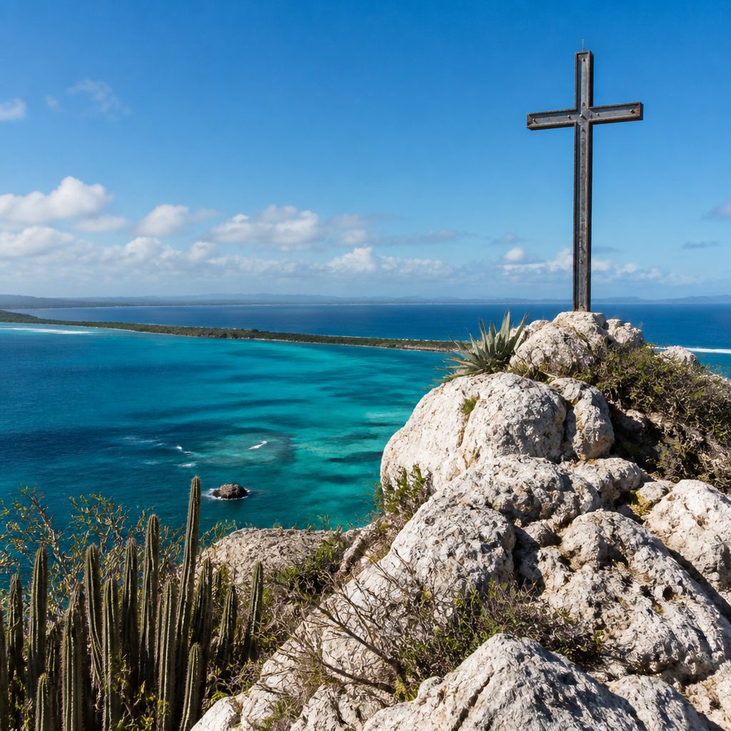 La Croix au sommet de la Pointe des Châteaux en Guadeloupe, vue panoramique