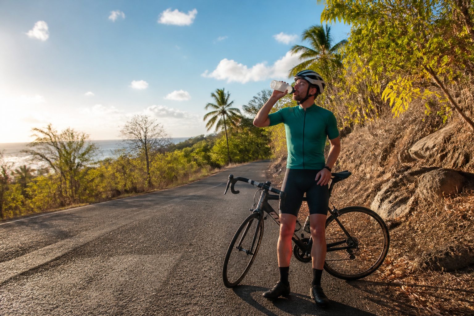 Cycliste s'hydratant lors d'une sortie vélo aux Antilles, soleil tropical matin