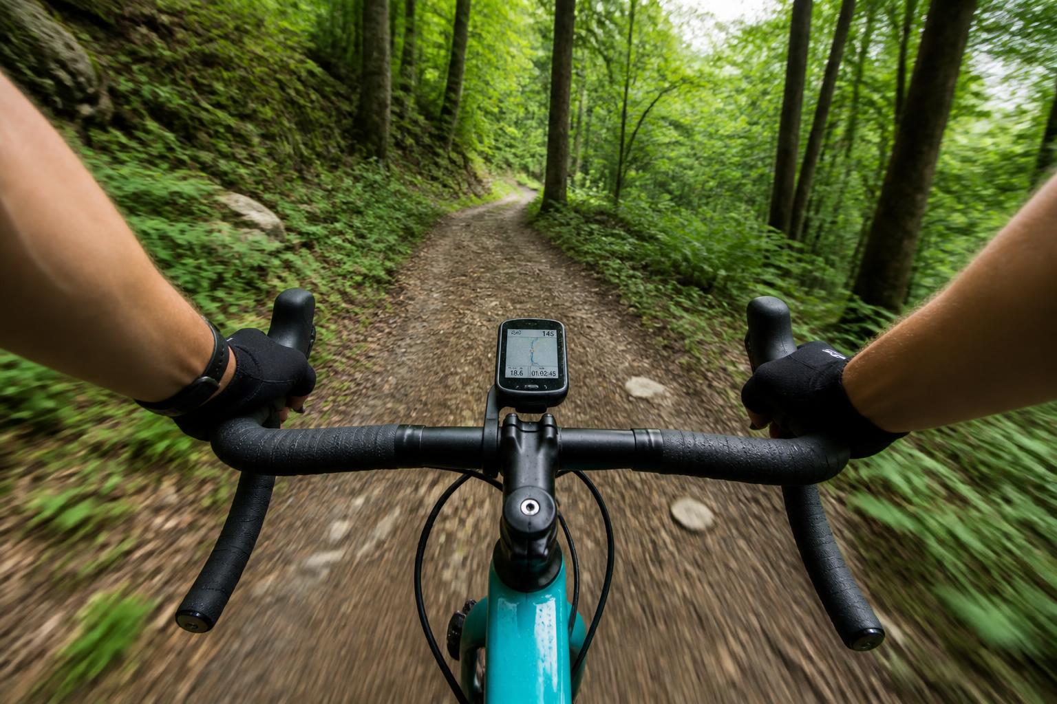 cycliste sur vélo gravel avec compteur GPS sur guidon