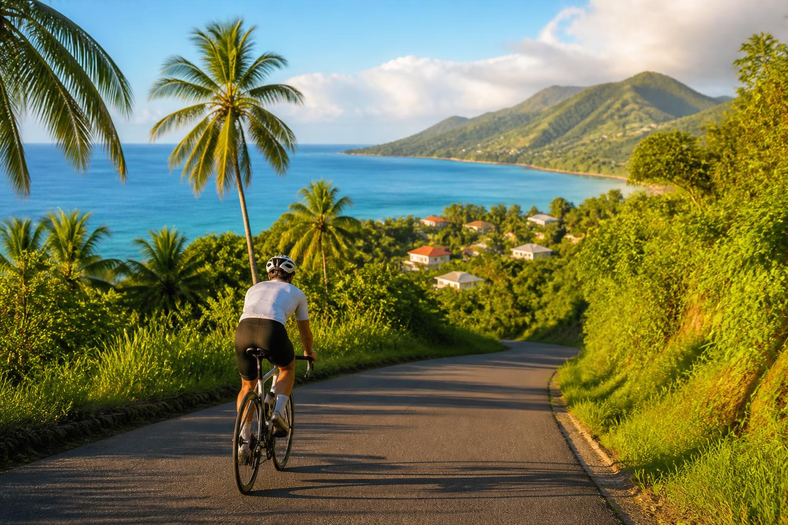 cycliste route côtière martinique végétation tropicale itinéraire à vélo