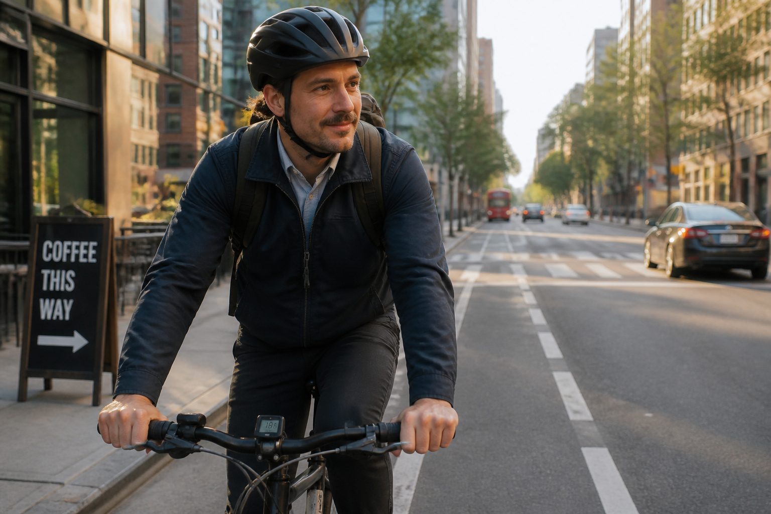 Cycliste urbain en ville avec vélo de ville et petit compteur sur le guidon