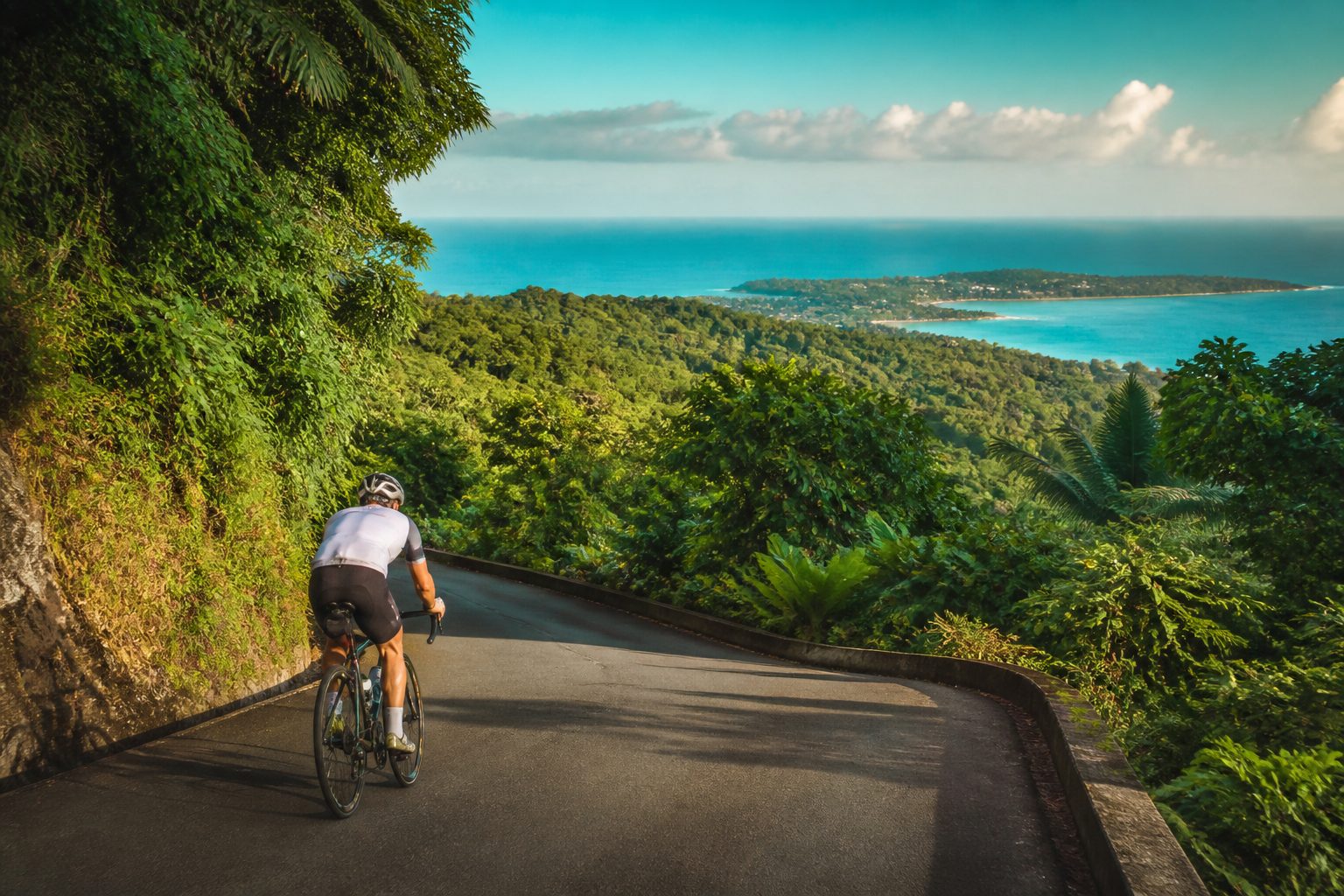 cycliste en descente route de la traversée vers Pointe-Noire mer turquoise Guadeloupe