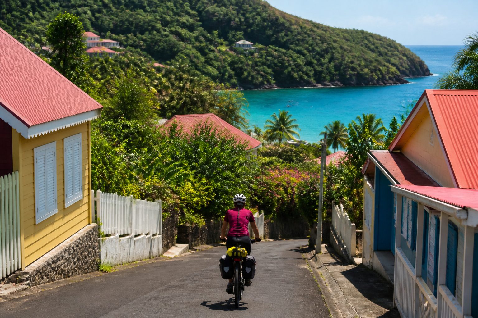 Arrivée à vélo dans le village de Deshaies sur la côte sous-le-vent de Guadeloupe