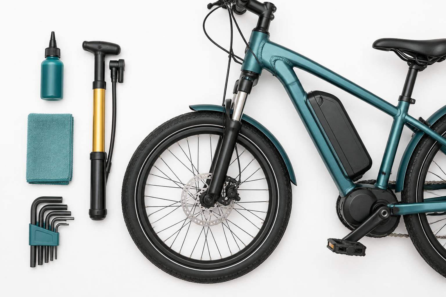Kit d'entretien vélo électrique : huile de chaîne, pompe, clés Allen et chiffon