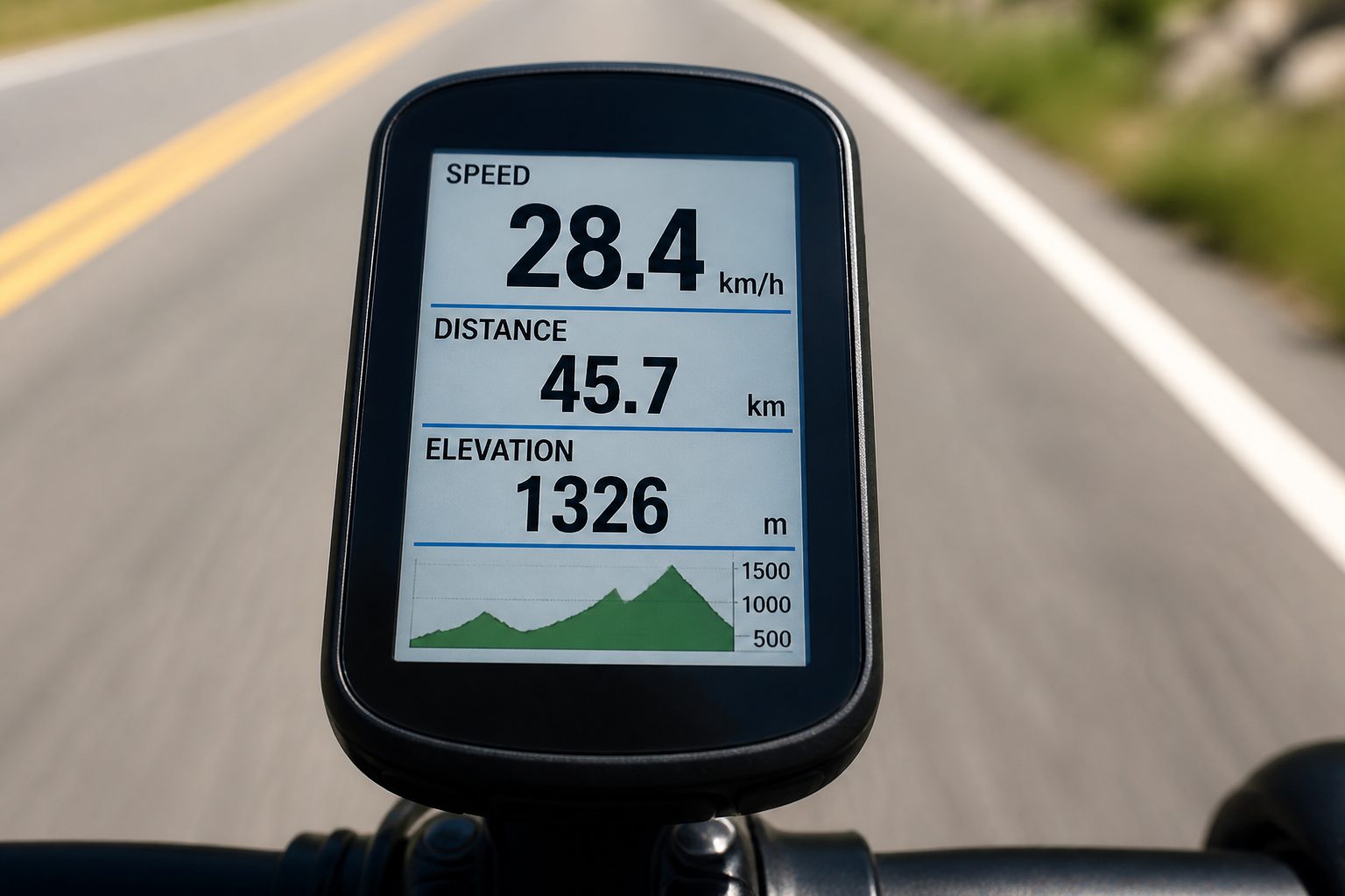 Écran d'un GPS vélo affichant vitesse, distance et dénivelé en temps réel