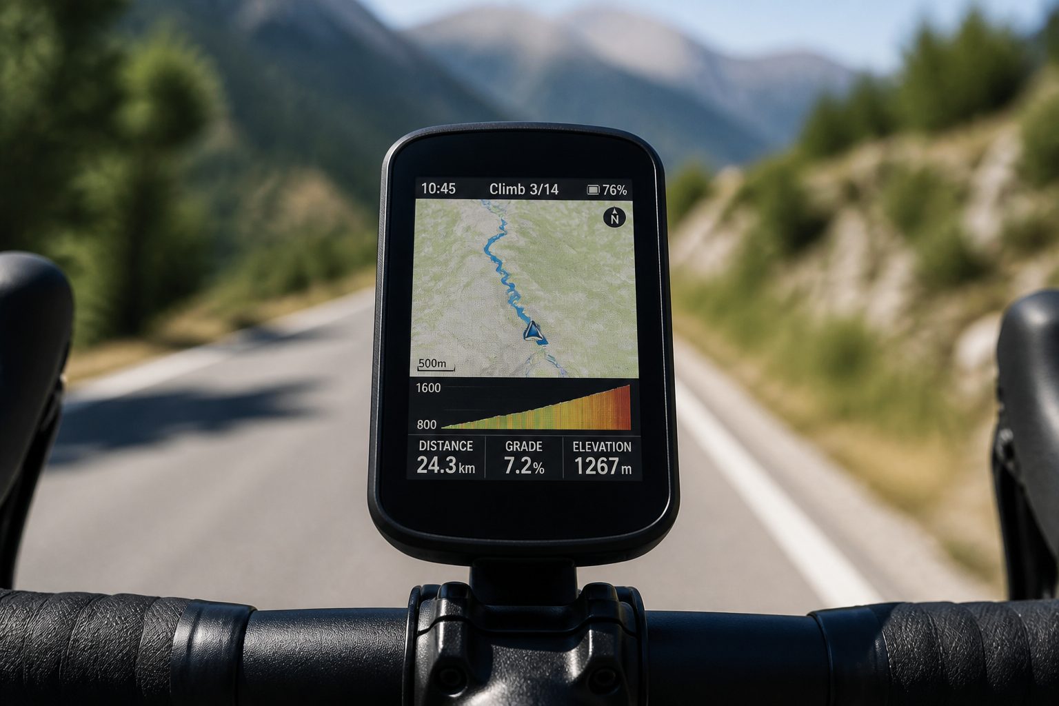 GPS Garmin Edge affiché sur guidon vélo route avec itinéraire
