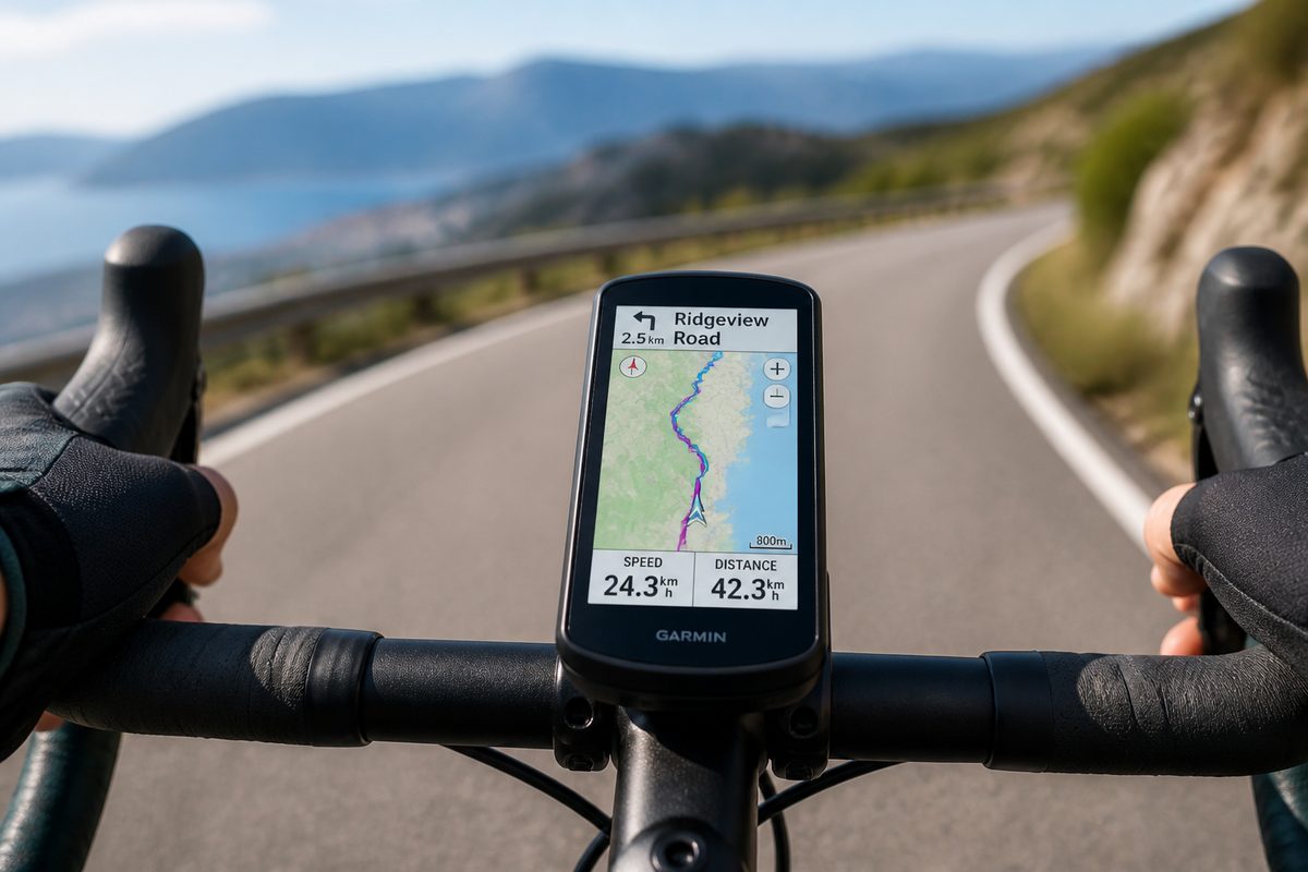 GPS haut de gamme grand écran tactile affiché sur vélo de route