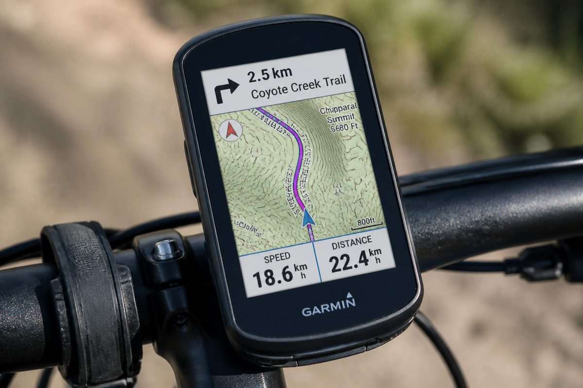 Écran GPS vélo affichant une carte de navigation détaillée