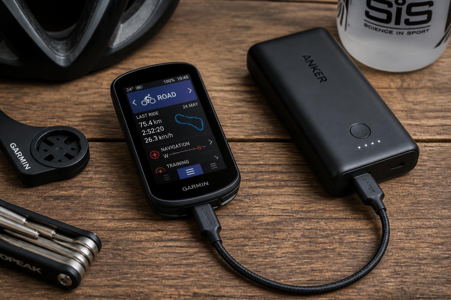 recharge compteur GPS vélo via USB-C sur powerbank