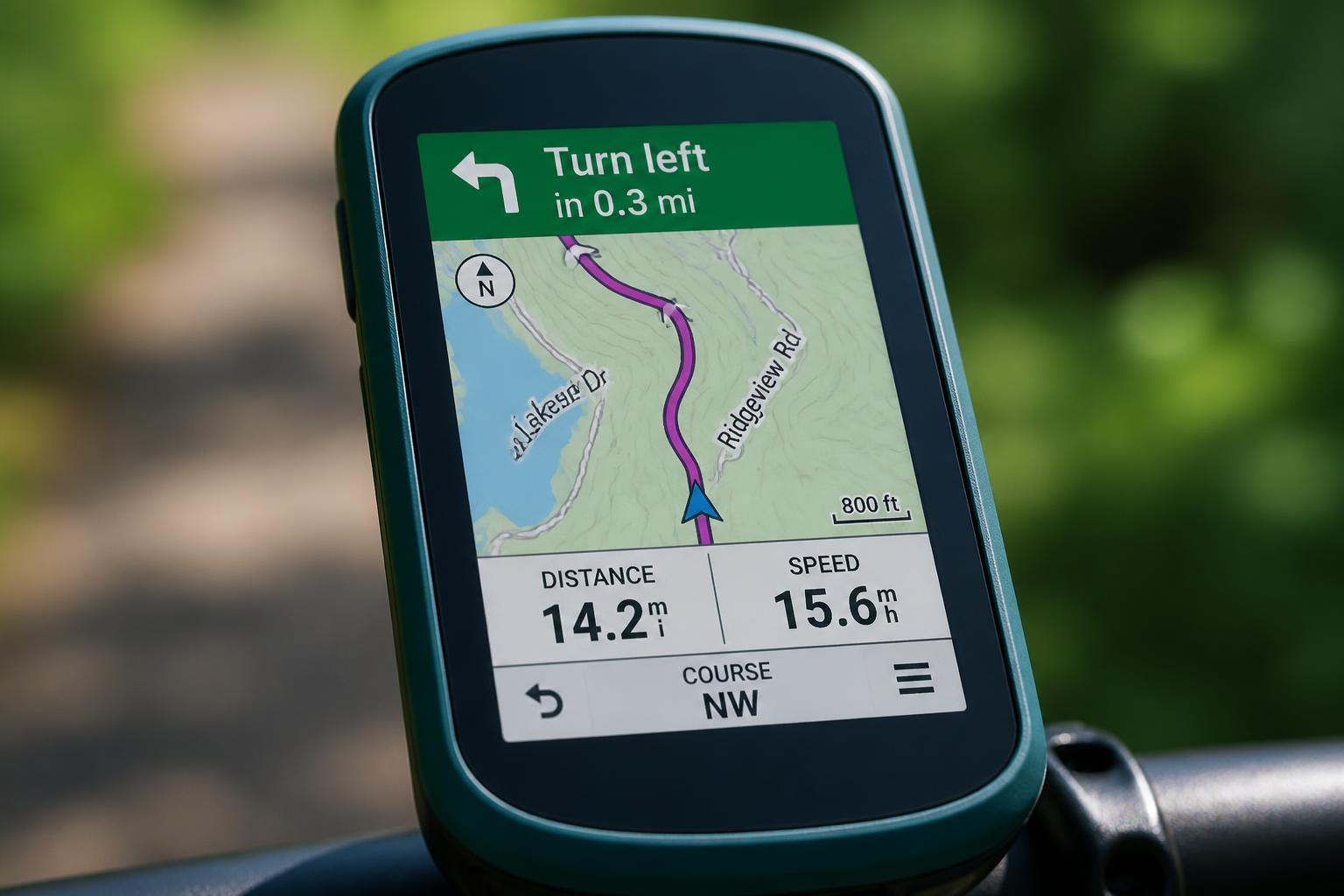 écran compteur GPS vélo affichant une carte de navigation