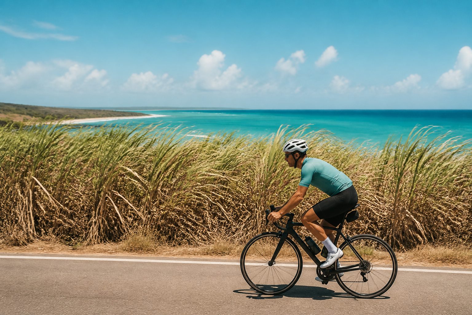 Cycliste sur route plate de Grande-Terre avec champs de canne à sucre et mer turquoise