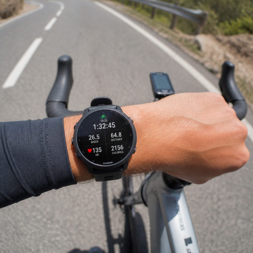 Montre GPS multisport portée au poignet lors d'une sortie vélo
