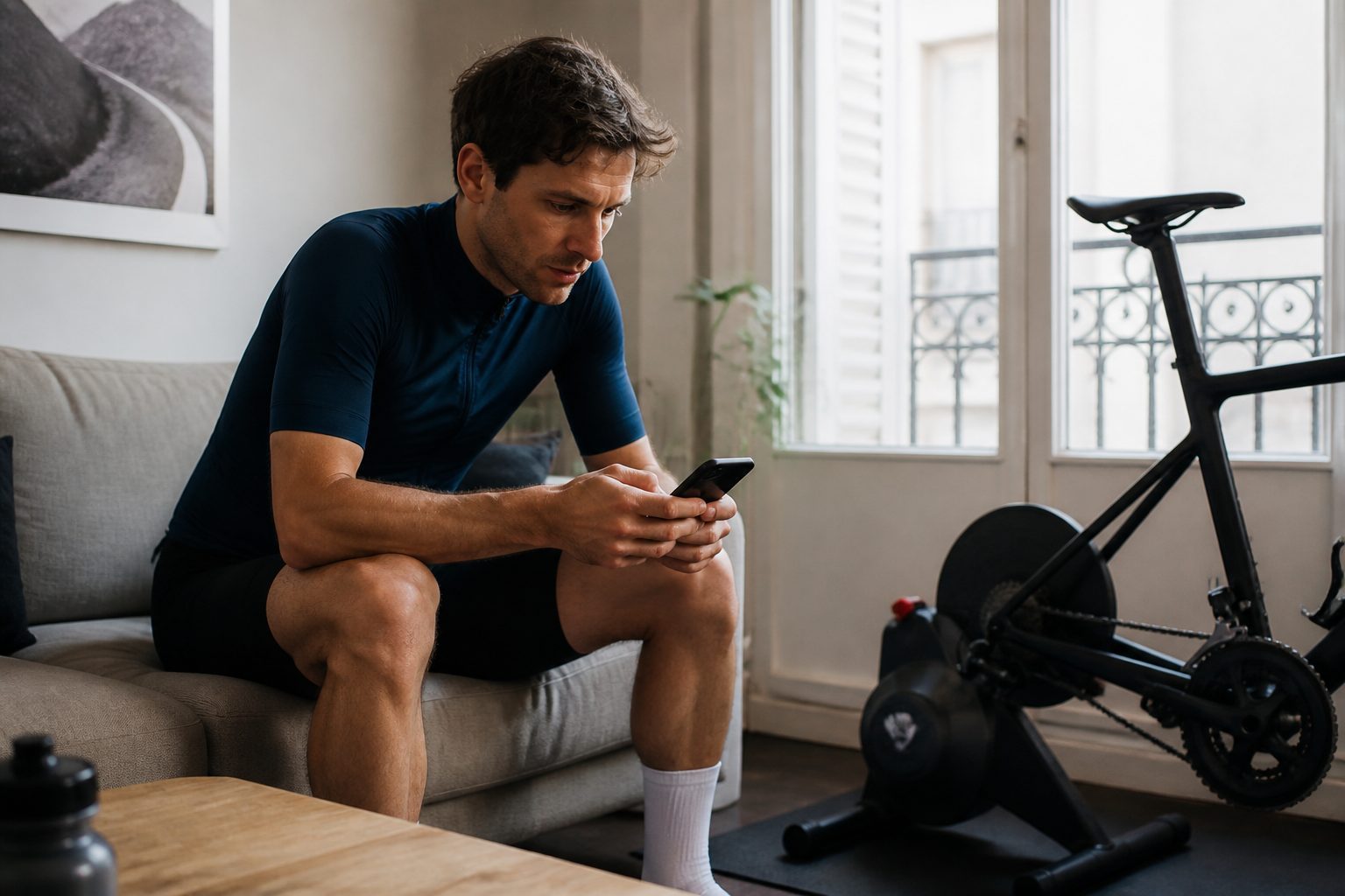 Cycliste vérifiant la synchronisation MyWhoosh Strava sur son smartphone après un problème
