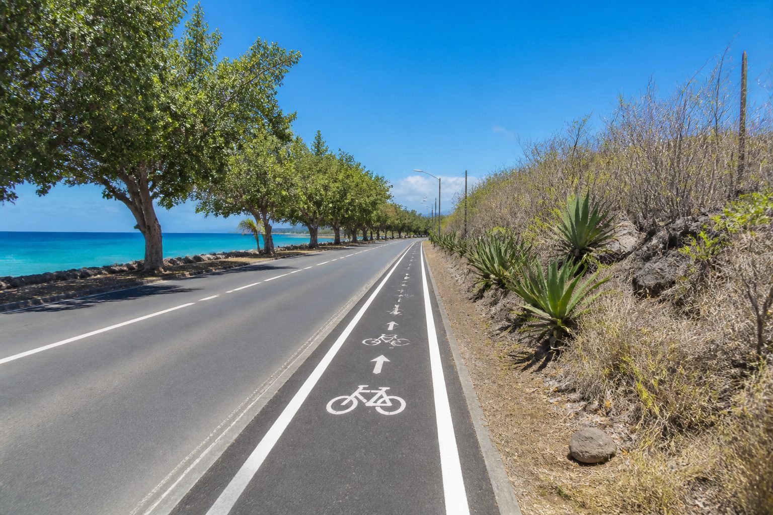 Piste cyclable sur la route RD118 vers la Pointe des Châteaux en Guadeloupe
