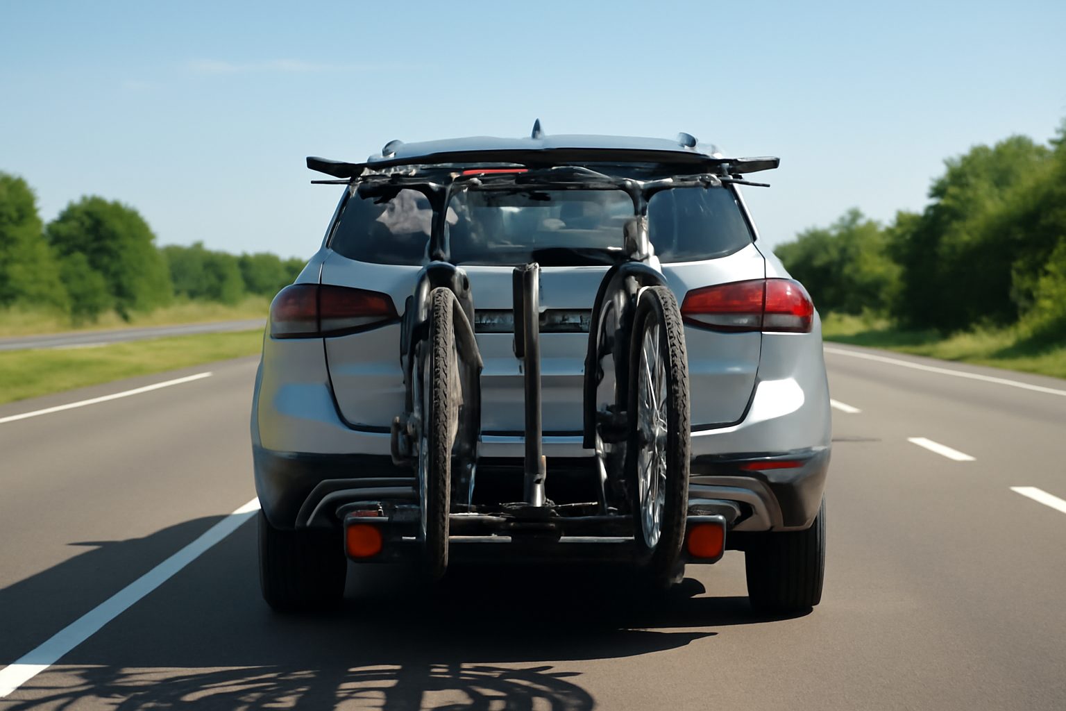 porte-vélo sur attelage chargé sur voiture en route