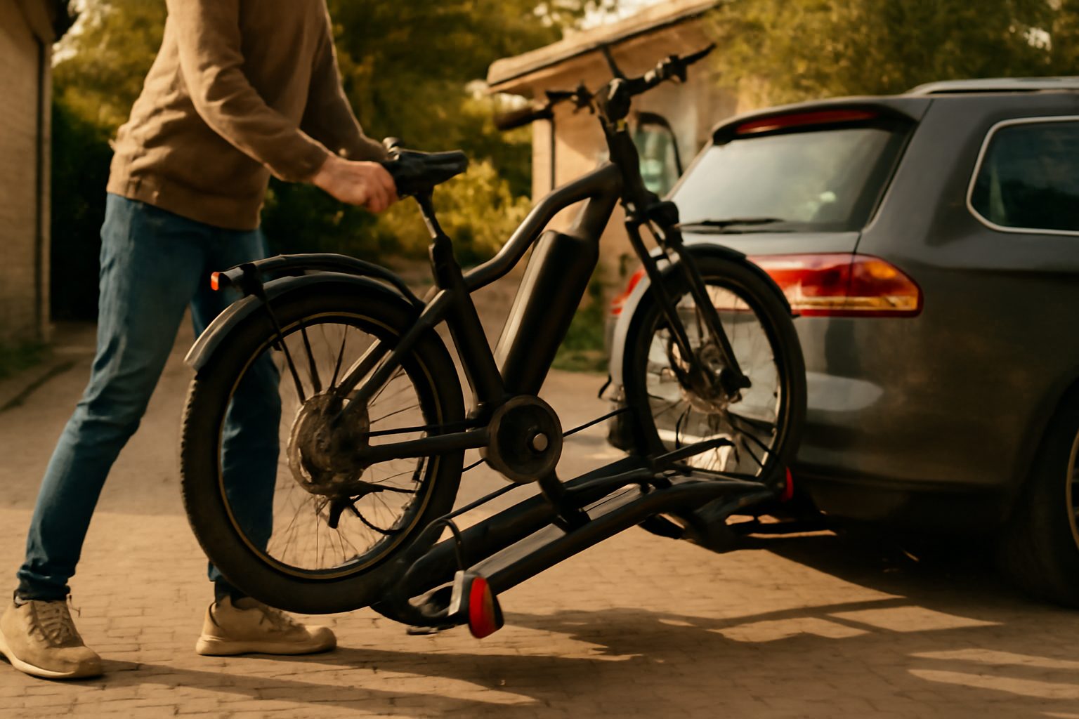 chargement vélo électrique sur porte-vélo plateforme attelage