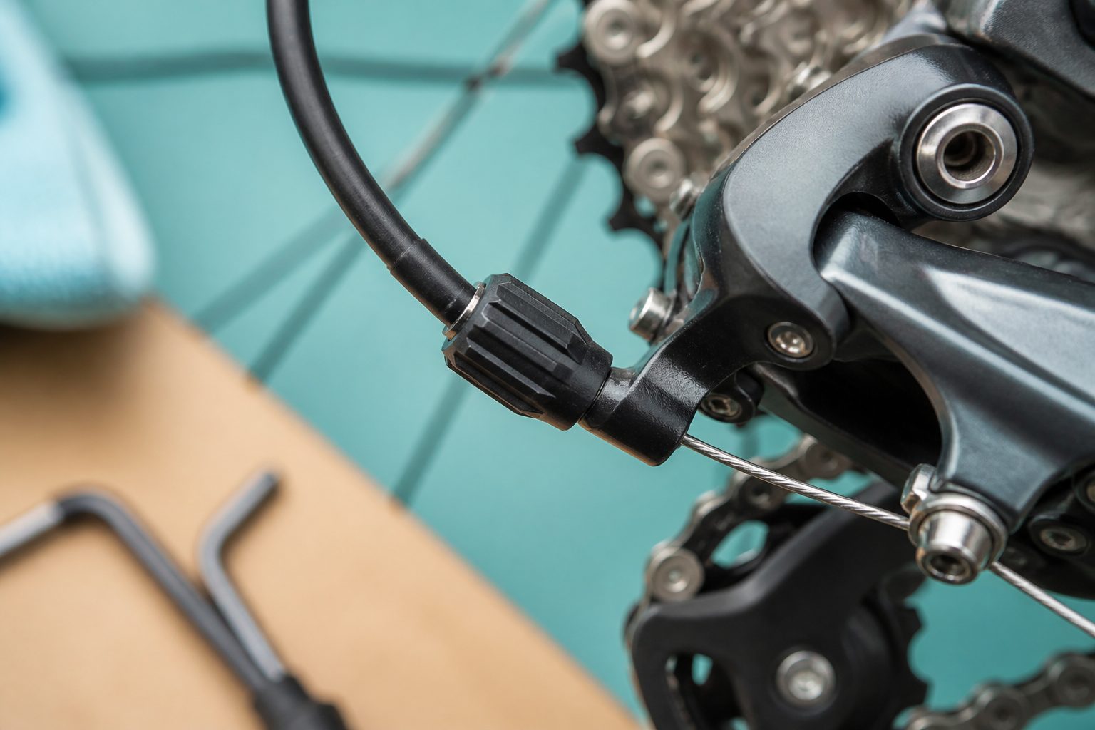 Barril tendeur (molette de réglage) sur le câble du dérailleur arrière d'un vélo