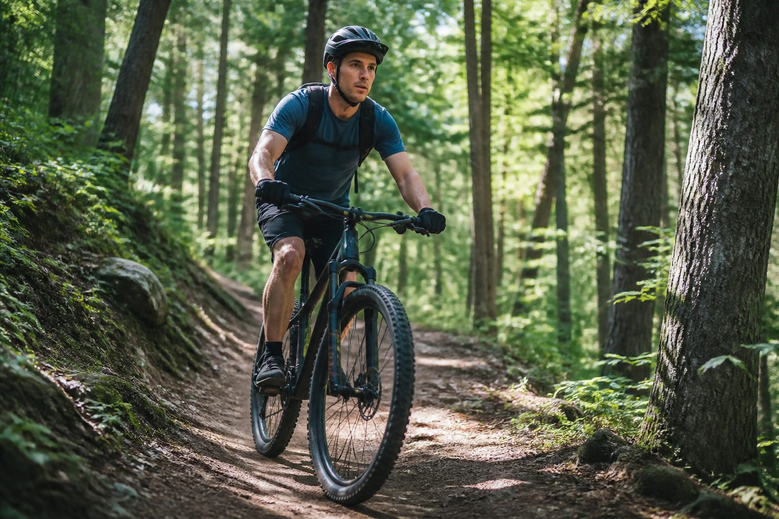Cycliste sur sentier forestier avec VTT hardtail, terrain accessible similaire à celui du Rockrider ST 120