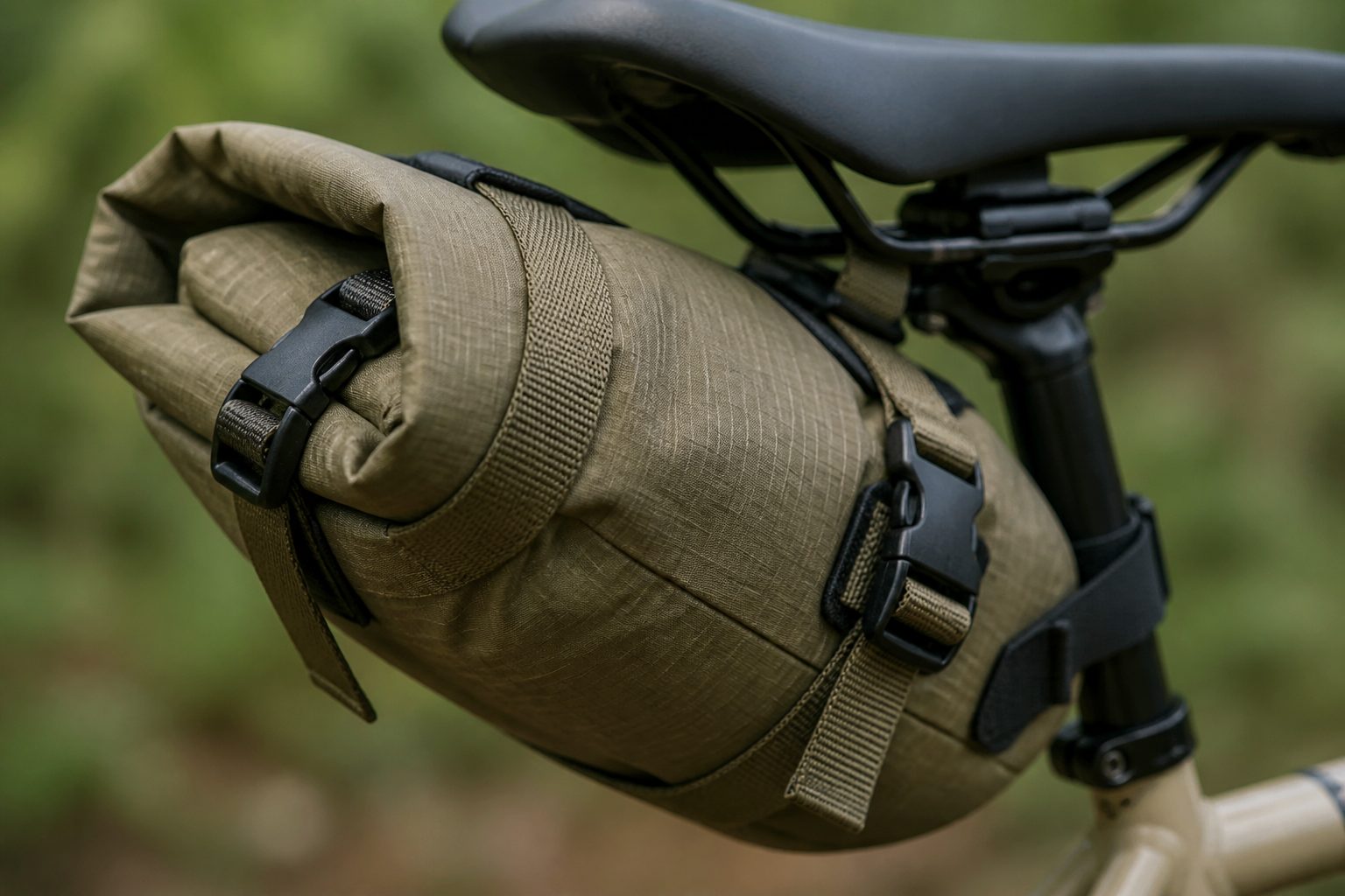 Détail fermeture roll top d'une sacoche vélo bikepacking étanche