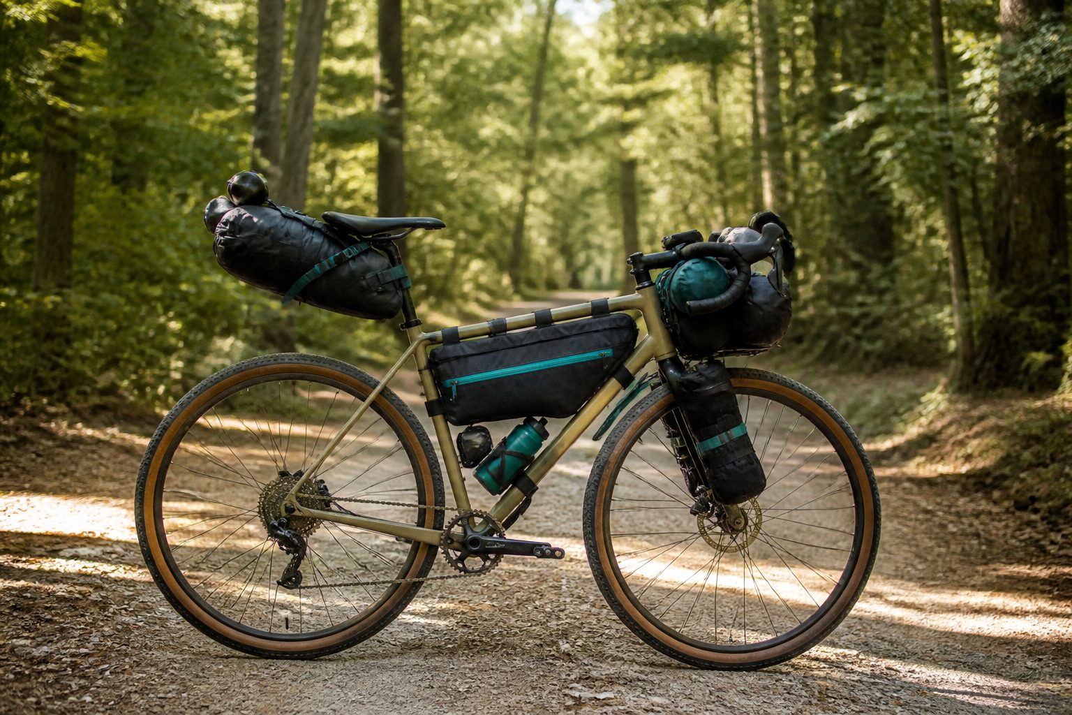 Setup bikepacking complet sur gravel : selle, guidon, cadre et fourche