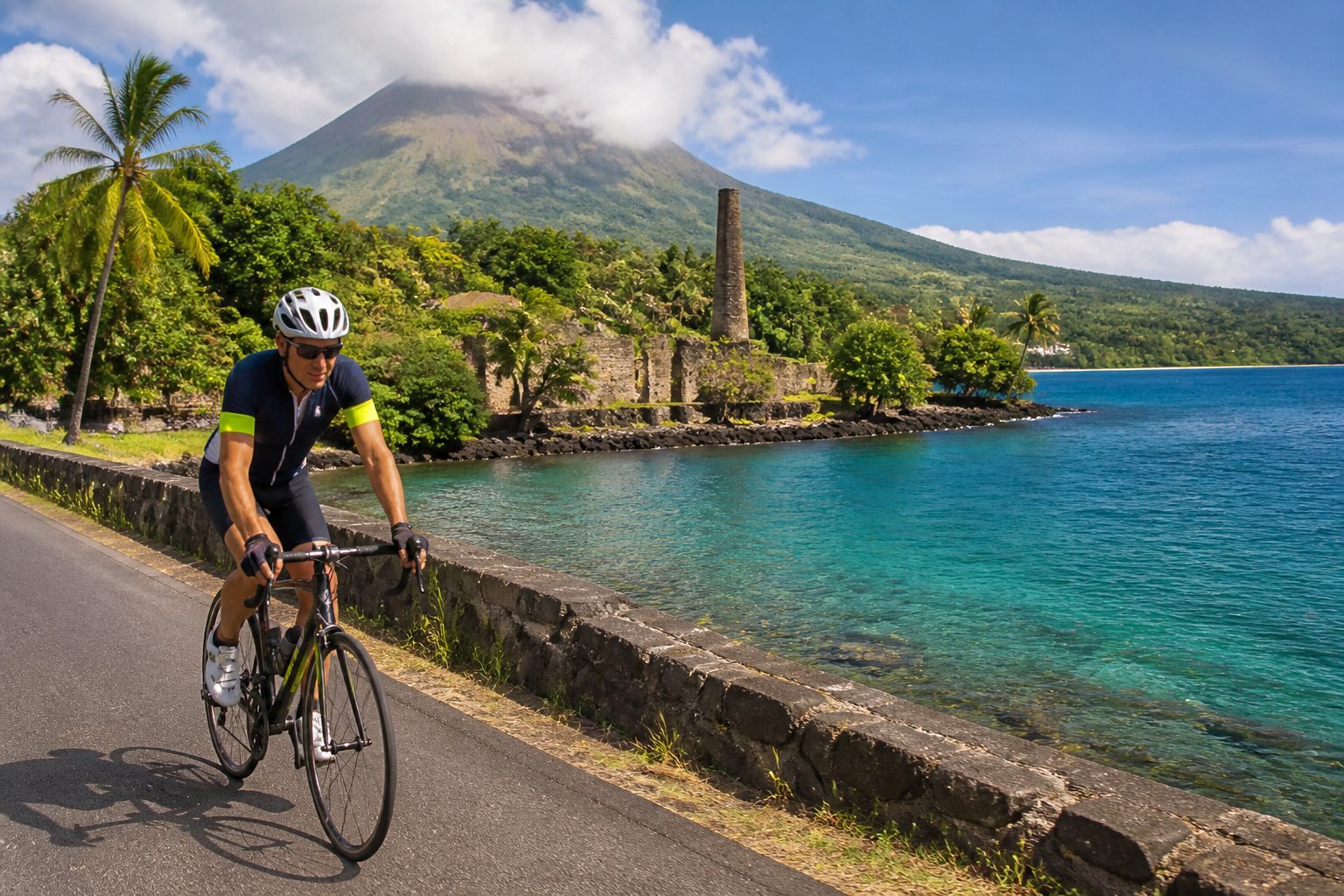 Cycliste à Saint-Pierre avec les ruines historiques et la mer des Caraïbes