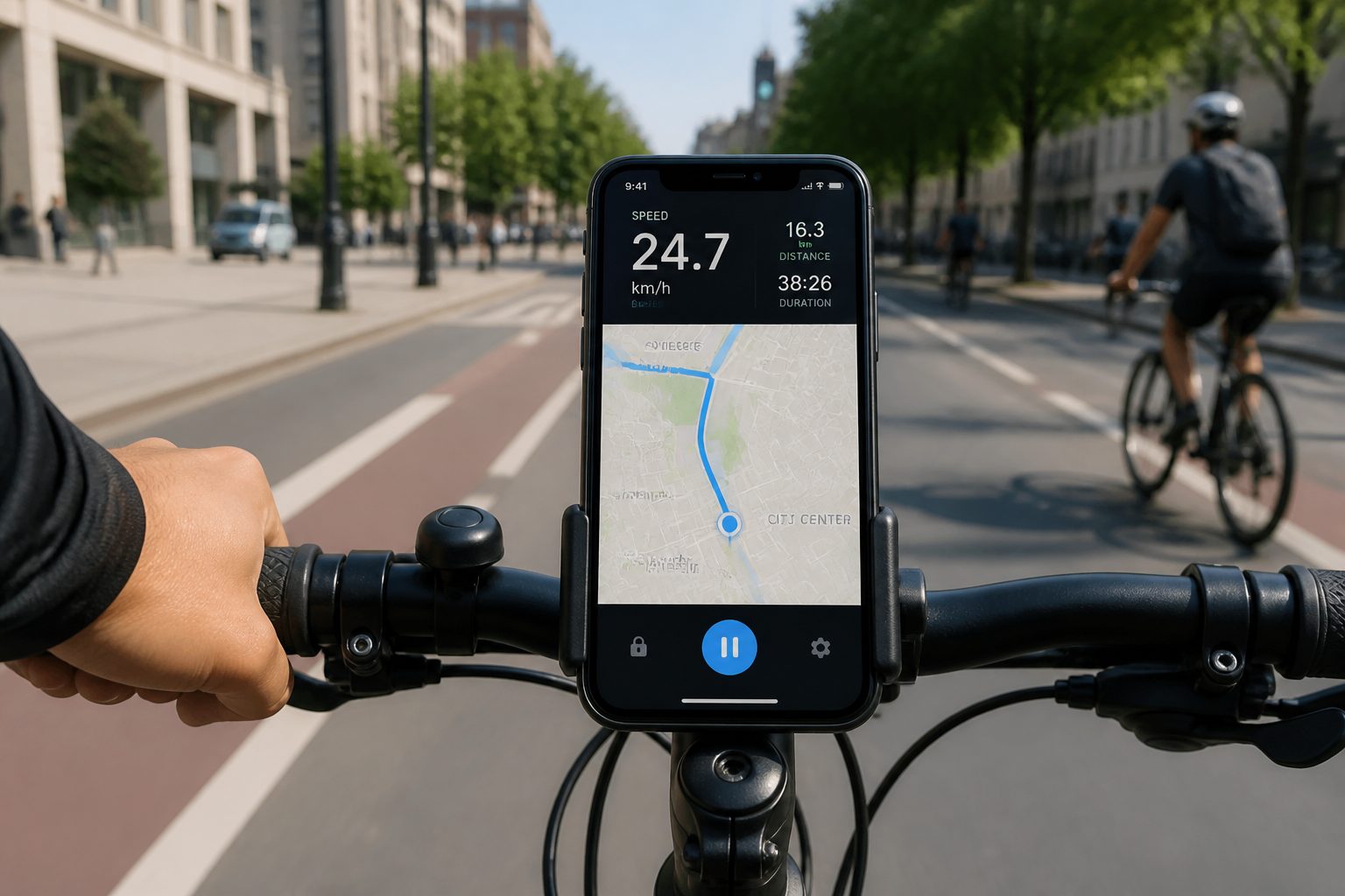 Smartphone monté sur guidon de vélo avec application GPS de cyclisme active
