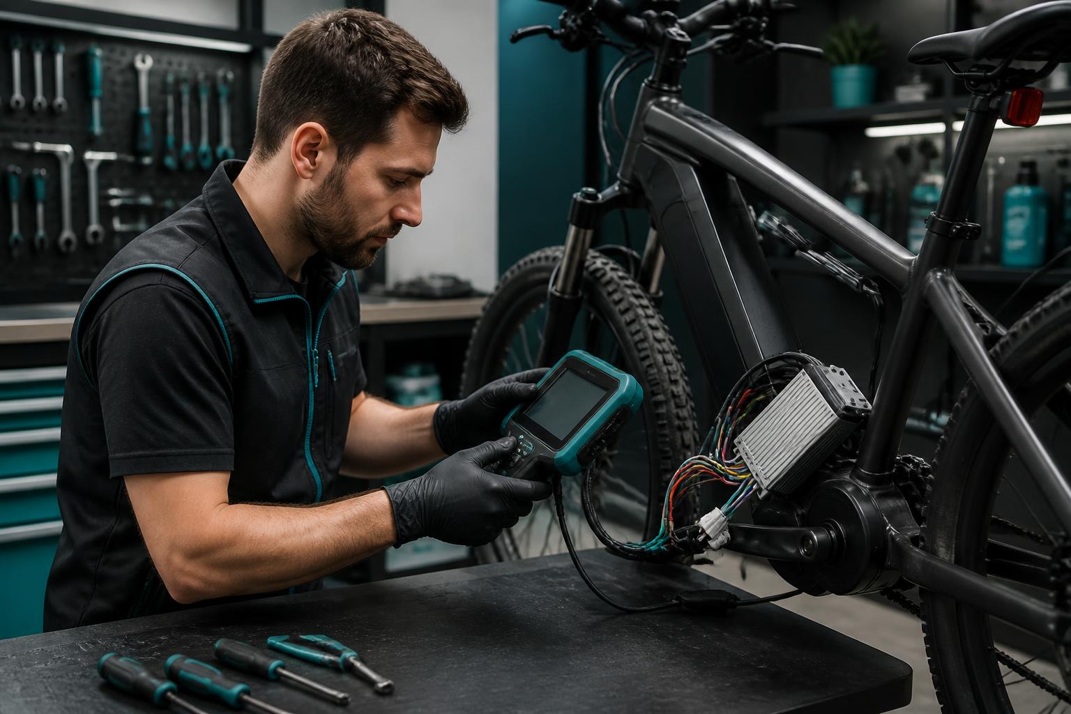 Technicien spécialisé VAE effectuant un diagnostic électronique en atelier