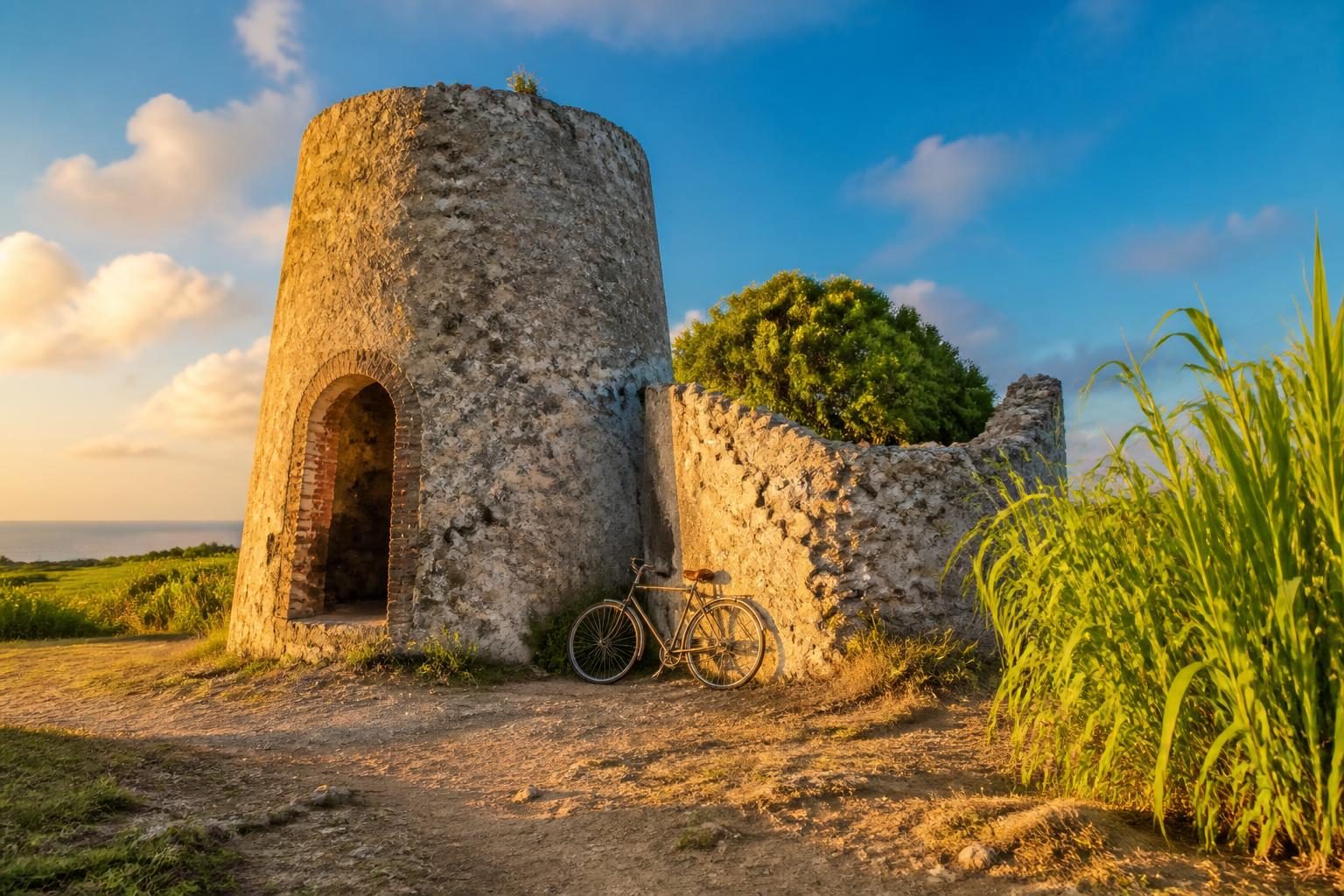 Paysage de Marie-Galante à vélo avec moulin à vent et champs de canne à sucre
