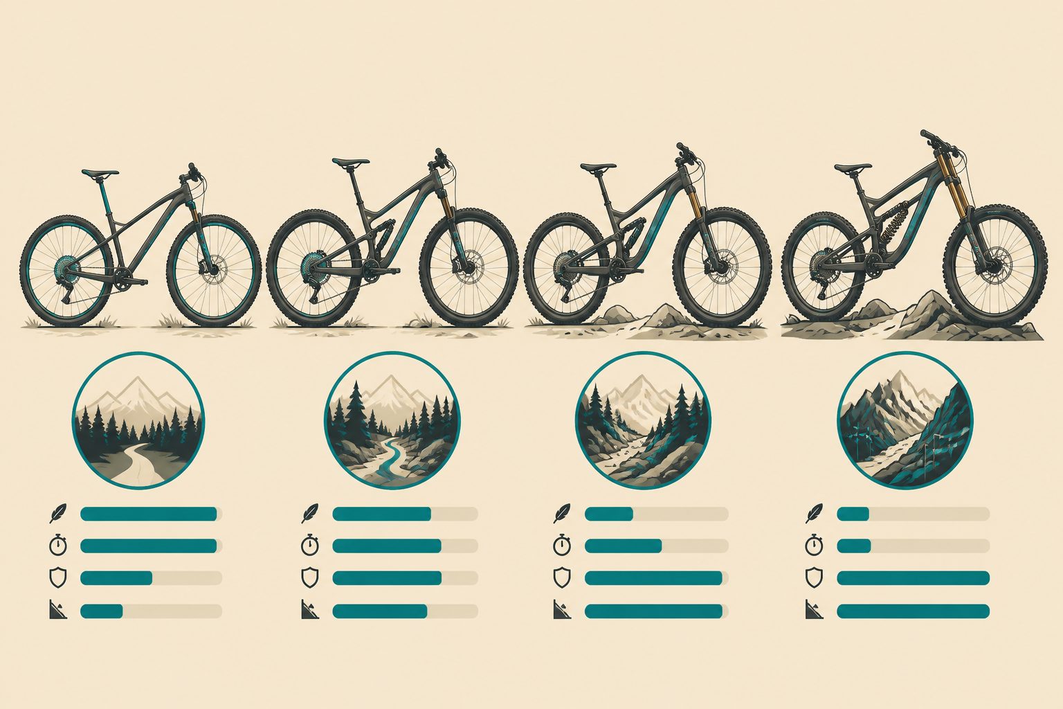 Les 4 types de VTT tout suspendu : XC, trail, enduro, descente