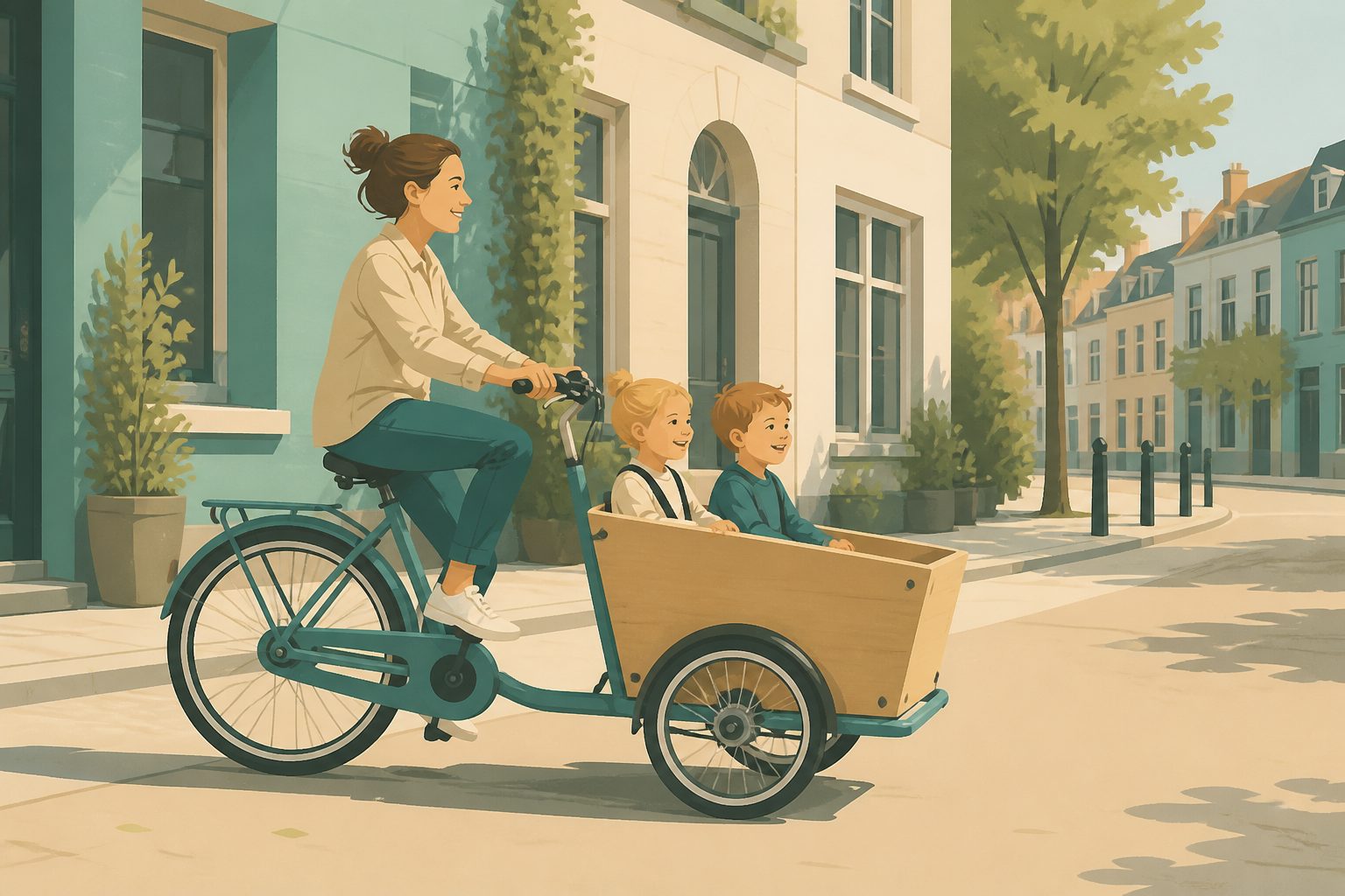vélo cargo biporteur famille en ville avec enfants