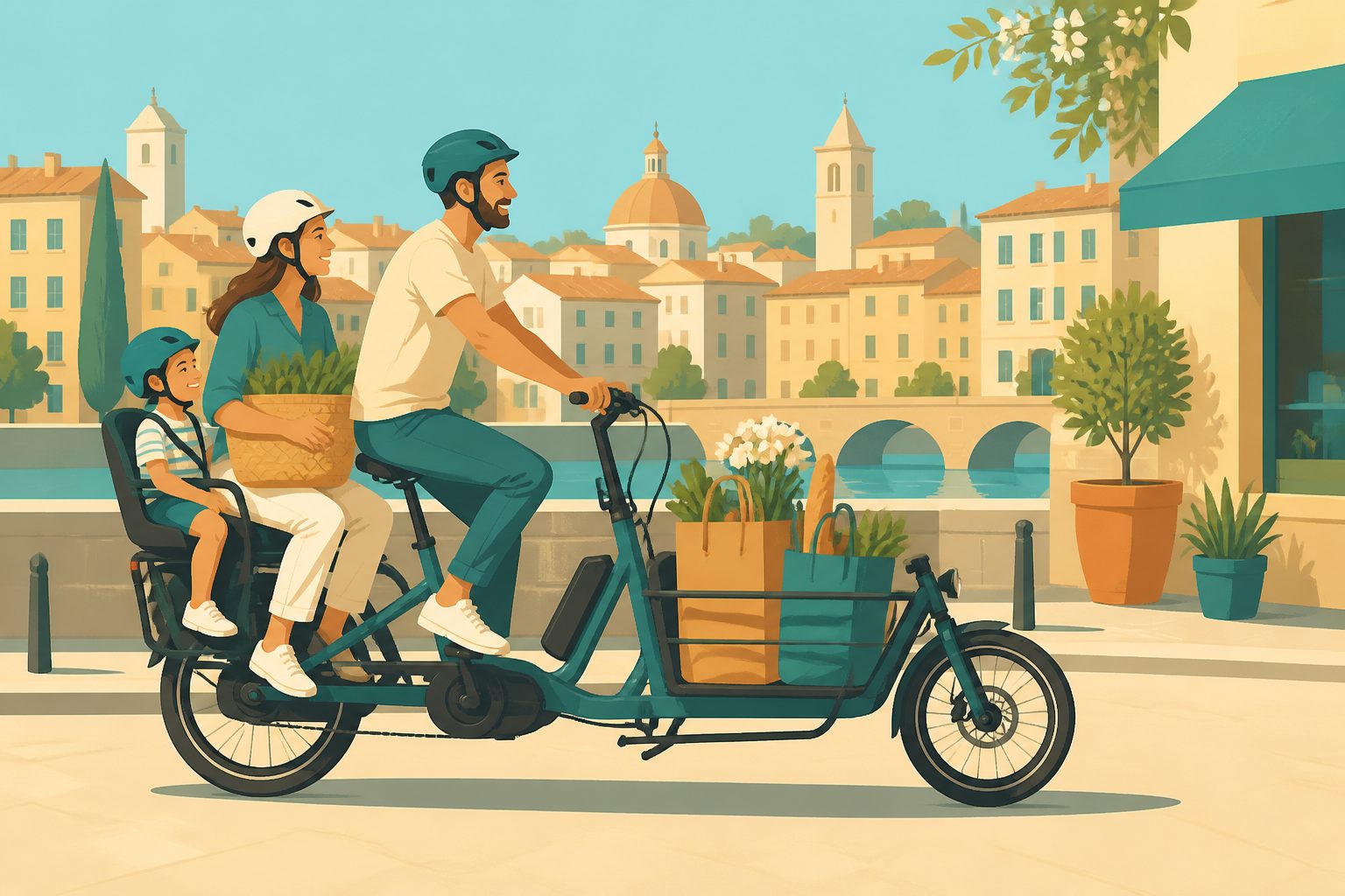 vélo cargo longtail électrique famille avec enfant et courses en ville