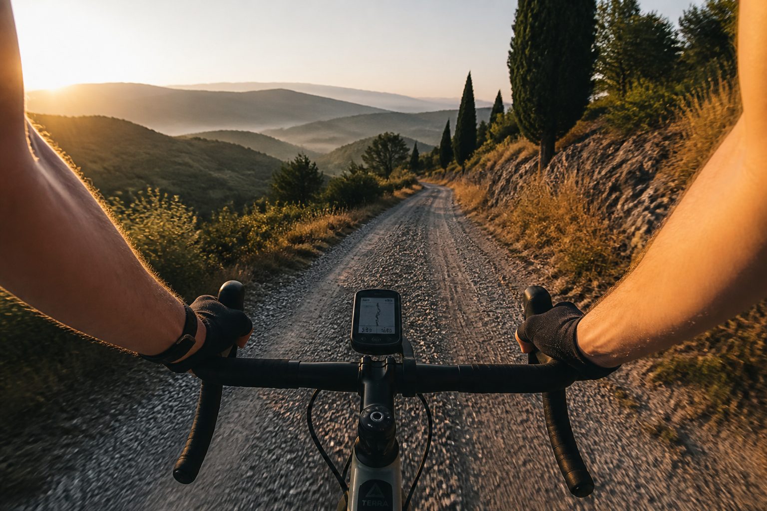 Cycliste gravel avec GPS en pleine aventure sur chemin de terre