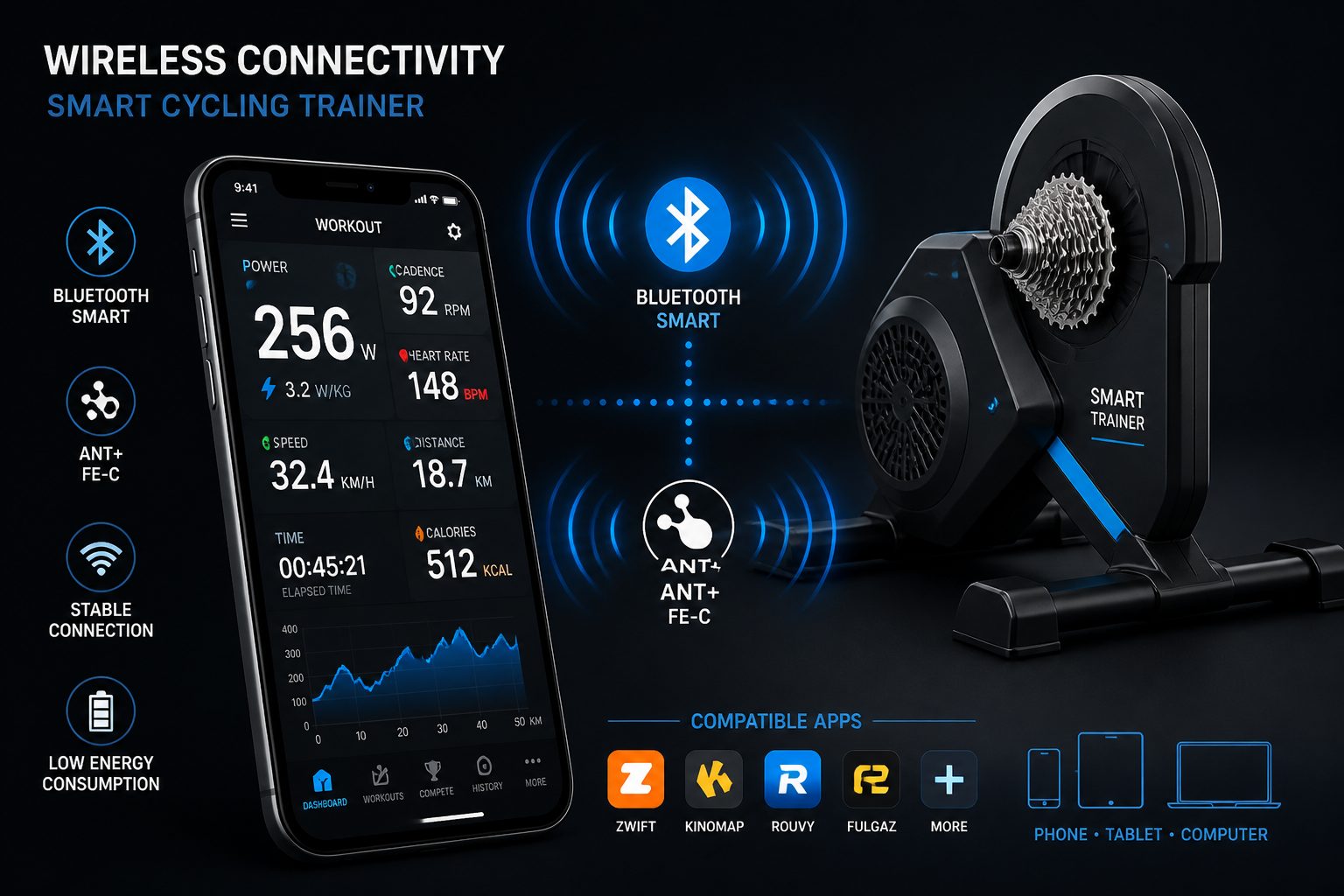 connexion Bluetooth ANT+ home trainer application smartphone