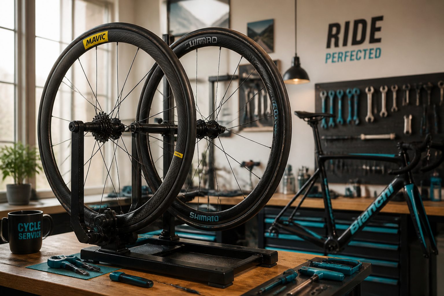 Roues carbone de grandes marques en atelier vélo